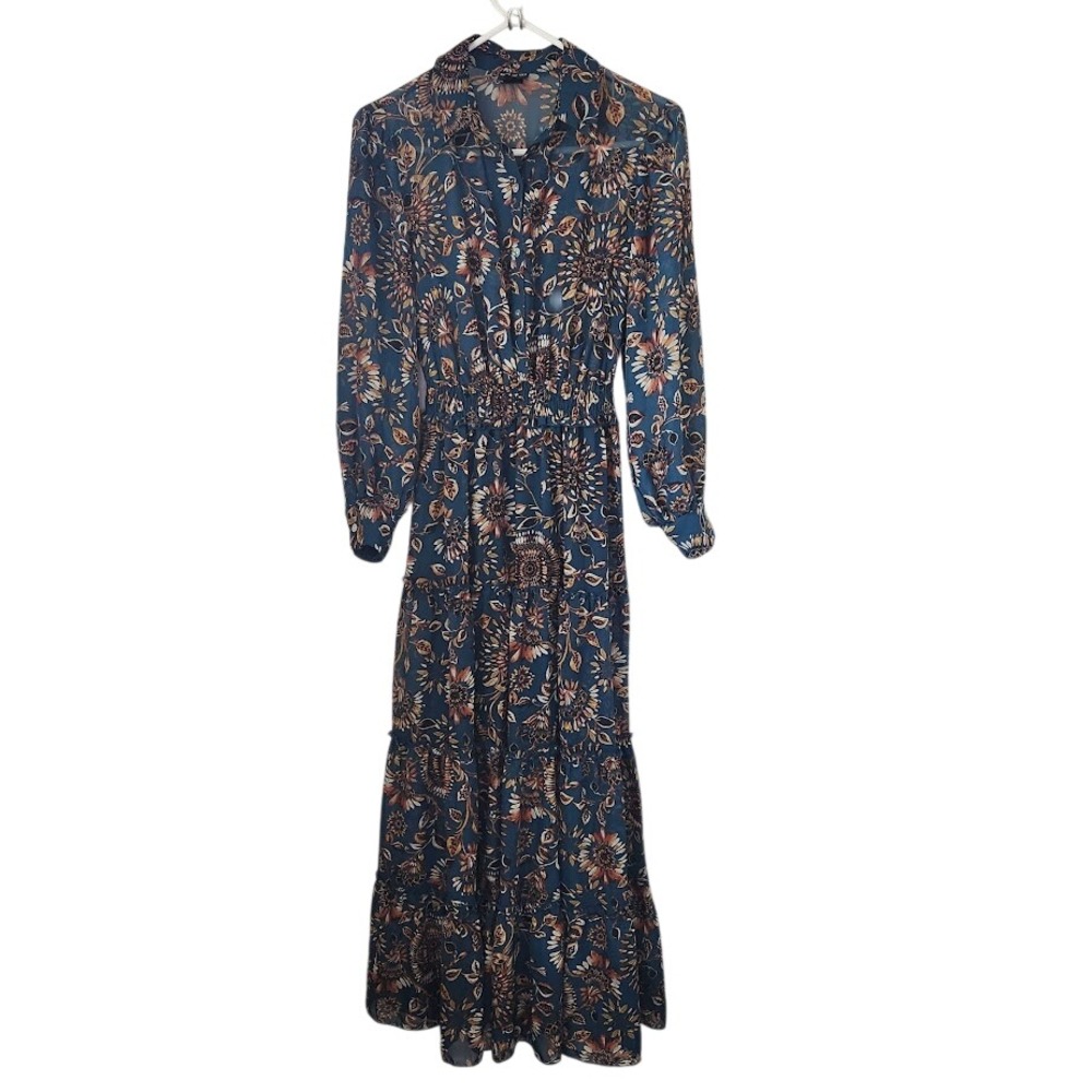 Kate and Lily Teal Floral Boho Tiered Maxi Dress Smocked Waist Long Sleeve 4 232